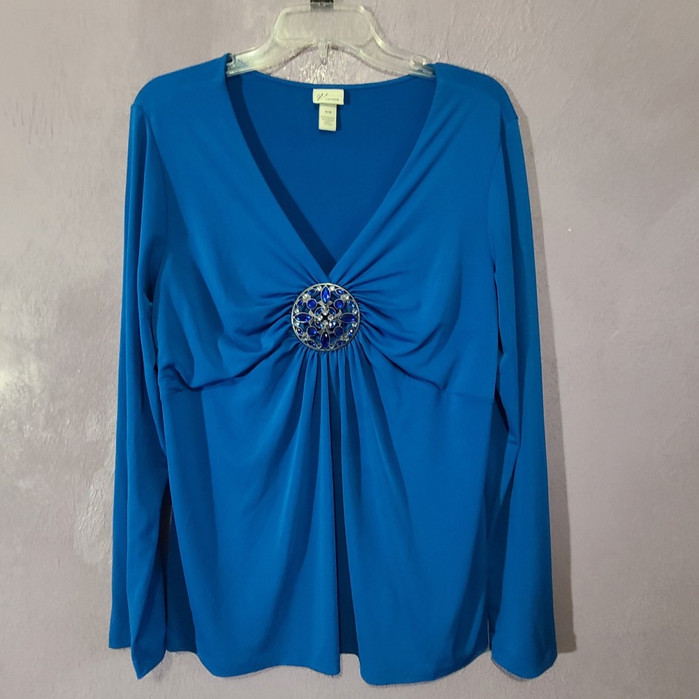 Venezia Blouse Women 14/16 Blue Long Sleeve Jeweled Medallion Ruched Y2K Holiday